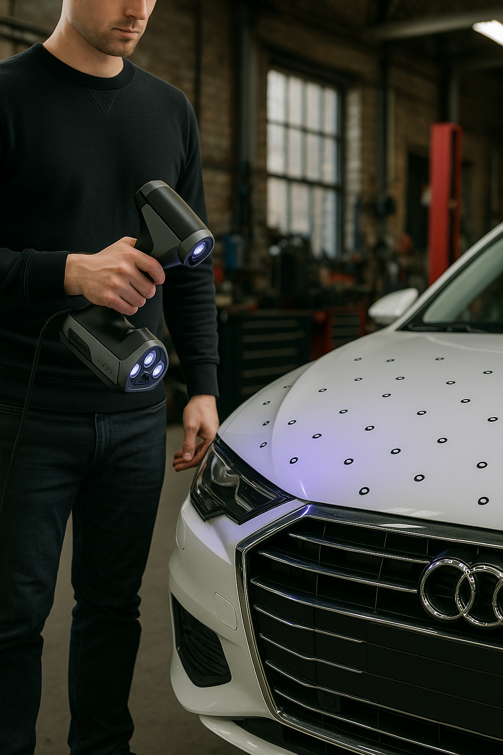 Eine Person, die einen Hand-3D-Scanner an einem Auto bedient