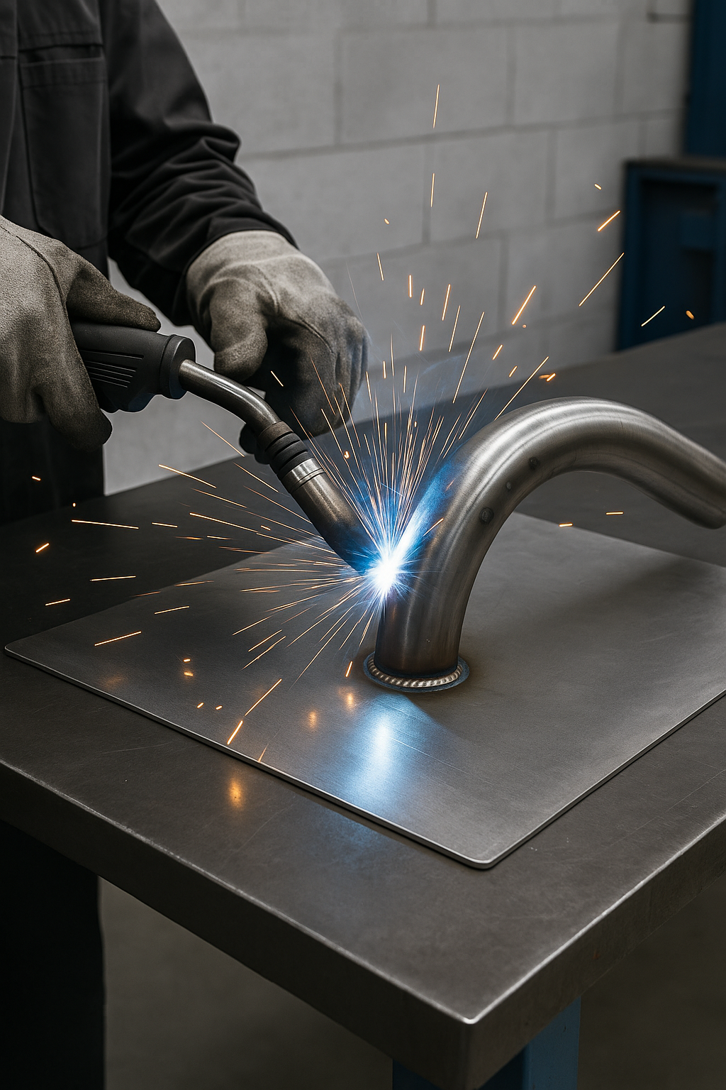 Ein Schweißer, der Metallteile mit hellen Funken verbindet