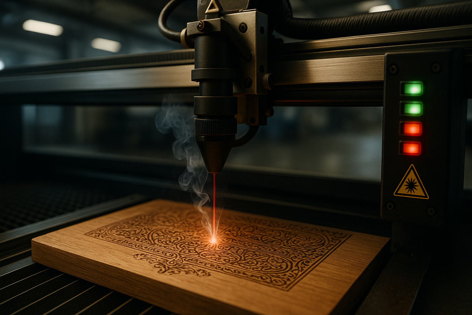 Eine Laserschneidemaschine graviert ein komplexes Design in ein Holzbrett
