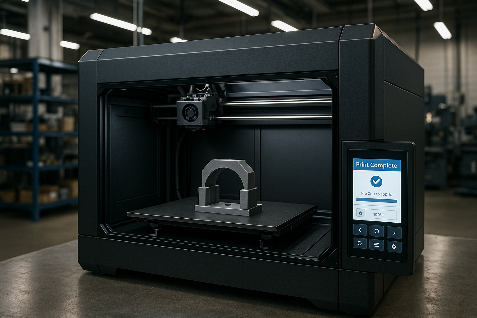 Industrieller 3D-Drucker mit einem fertiggestellten Metallteil auf seiner Bauplatte und einer "Druck abgeschlossen"-Meldung auf der Touchscreen-Oberfläche